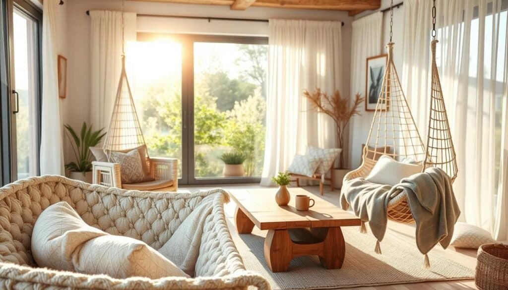 A cozy living room design that seamlessly blends indoors with outdoor relaxation elements. In the foreground, a plush hammock gently sways, inviting users to unwind; it's adorned with soft, patterned cushions. To the side, a stylish hanging chair cradles a throw blanket, waiting to be enjoyed. The middle ground features a rustic wooden coffee table, topped with a warm mug and a small potted plant. Behind, large windows allow bright natural light to pour in, while sheer curtains flutter gently in the breeze, enhancing the airy atmosphere. The walls are decorated with artwork reflecting nature, and soft greenery can be seen outside, creating a serene backdrop. The scene is illuminated with soft sunlight, evoking a warm, welcoming mood for relaxation.