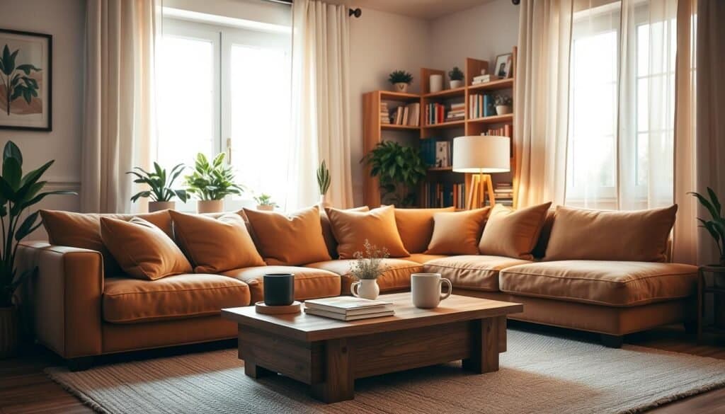 A cozy living room designed for comfort throughout the day, featuring a plush sectional sofa with warm-toned throw pillows in the foreground. A wooden coffee table with a few books and a steaming mug sits casually atop a soft, textured rug. In the middle, a large window allows bright, soft sunlight to filter in, illuminating the space with a warm glow. Potted plants add a touch of greenery, while a stylish floor lamp provides gentle lighting for the evening. The background showcases a tastefully arranged bookshelf filled with books and decorative items, framed by light, airy curtains that flutter slightly with a breeze. The overall mood is inviting and tranquil, perfect for relaxation morning, noon, and night, captured with a slight angle, emphasizing depth and warmth.