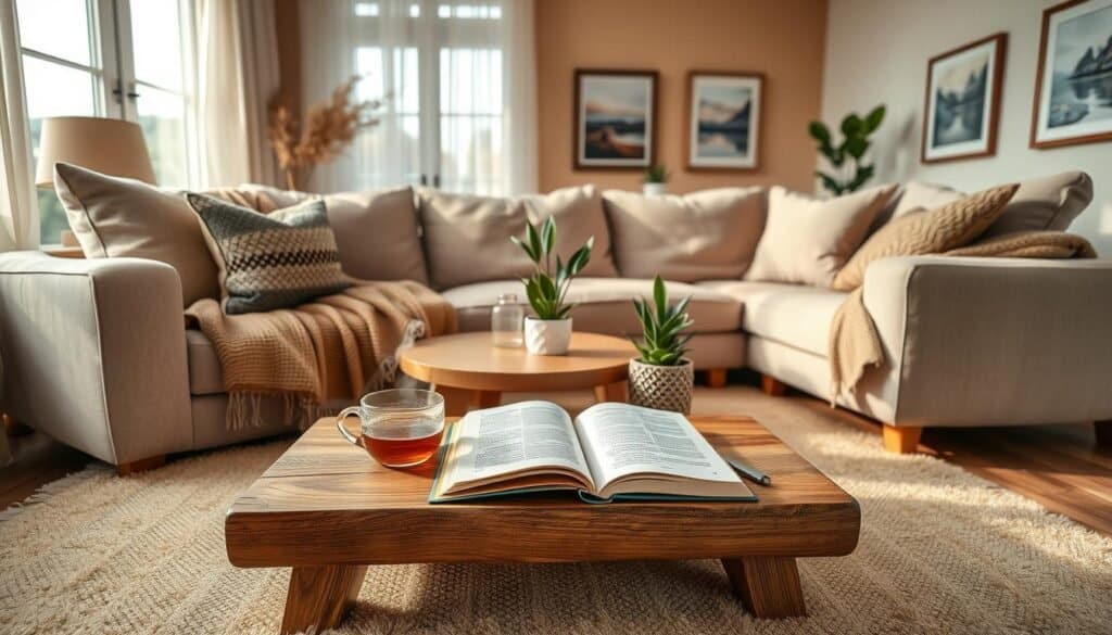 A cozy living room designed for relaxation, featuring a plush, oversized sectional couch adorned with soft, textured pillows and a warm throw blanket. In the foreground, a handmade wooden coffee table holds a steaming cup of herbal tea and an open book, inviting a sense of calm. The middle of the scene showcases a bright area rug underfoot, with a couple of decorative potted plants adding greenery. In the background, large windows bathe the space in soft, natural light, enhancing the airy atmosphere, while sheer curtains flutter gently with a breeze. The walls are painted in warm, neutral tones, decorated with framed artwork that reflects tranquility. Capture this serene arrangement from a slightly elevated angle, emphasizing the inviting layout without any distractions or text.