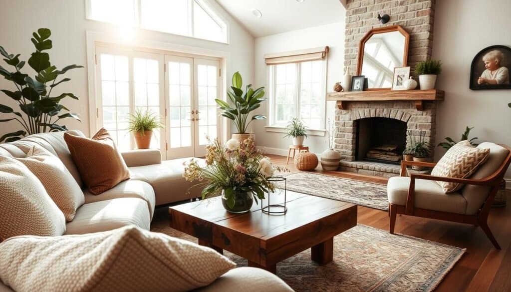A cozy living room featuring a blend of modern and rustic decor, showcasing a plush, oversized sofa adorned with soft, textured cushions in earthy tones. In the foreground, a stylish coffee table made of reclaimed wood holds a vase of fresh wildflowers. The middle ground displays a warm, inviting fireplace with a chic mantel decorated with personal mementos and family photos. In the background, large windows allow bright, natural light to flood the room, casting soft sunlight across the space. The walls are painted in soothing shades, complementing the airy atmosphere. A patterned area rug anchors the seating arrangement, and potted plants add greenery, enhancing the sense of warmth and comfort. The overall mood is serene and inviting, perfect for relaxation.
