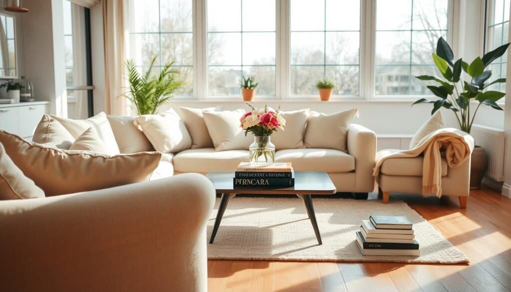 A cozy living room featuring a carefully arranged set of comfortable yet aesthetically pleasing furniture. In the foreground, a plush, inviting sofa with soft, neutral upholstery, complemented by oversized cushions arranged casually. In the middle ground, a stylish coffee table adorned with a vase of fresh flowers and a stack of neatly arranged books. Surrounding the furniture, a warm, wooden floor and a softly patterned area rug add texture. In the background, large windows allow bright, natural sunlight to flood the space, highlighting the airy atmosphere. The mood is serene and welcoming, emphasizing relaxation, with soft shadows that provide depth. The scene is captured using a slightly elevated angle to showcase the entire room, with a focus on the furniture’s inviting design.