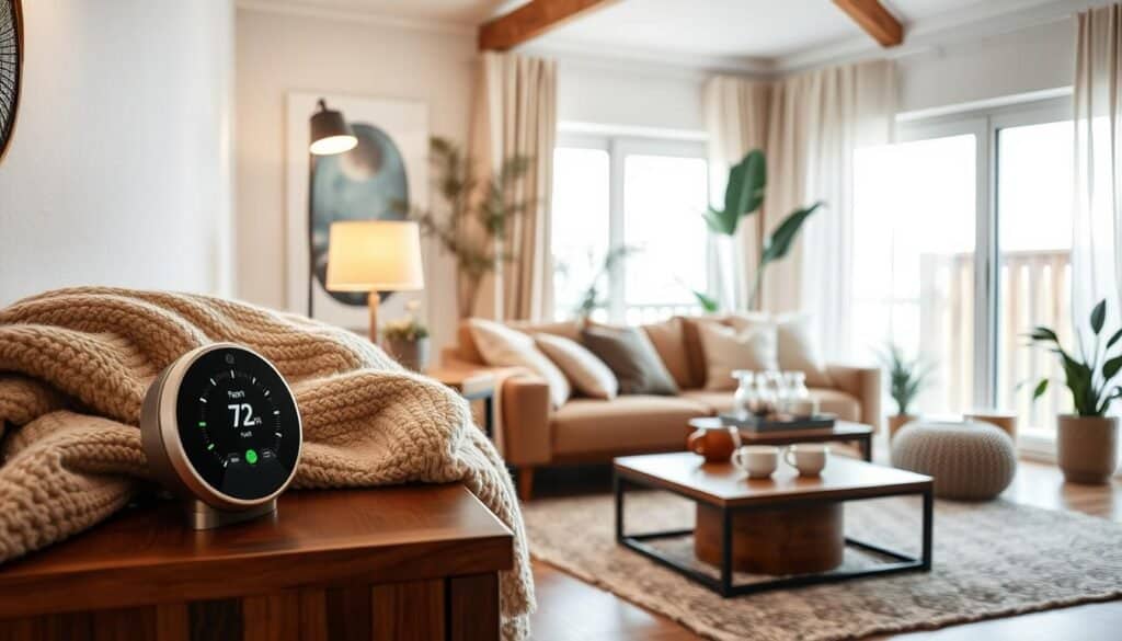 A cozy living room featuring a modern temperature control system blended harmoniously into the decor. In the foreground, a stylish thermostat on a wooden console table surrounded by soft, plush blankets and decorative pillows. The middle ground showcases a comfortable sofa set with warm-toned upholstery, flanked by inviting floor lamps casting soft, warm light. A coffee table with steaming mugs suggests warmth and relaxation. In the background, large windows let in bright, natural light, highlighting airy curtains that flutter gently. The atmosphere is warm and inviting, with a soothing palette of earth tones and subtle greenery from potted plants. Capture this scene with a slightly elevated angle to emphasize the layout and coziness of the space, in bright daylight for an optimistic vibe.