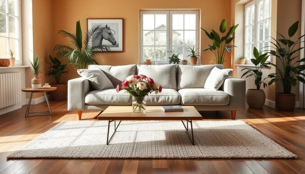 A cozy living room featuring a stylish sofa that is thoughtfully arranged to create balance. The sofa, upholstered in a soft gray fabric, has plush cushions and is elegantly positioned against a warm, neutral-colored wall. In the foreground, a coffee table adorned with a vase of fresh flowers adds a touch of vibrancy. The middle ground showcases a comfortable area rug that delineates the seating area, enhancing the layout. In the background, large windows allow bright, natural light to fill the space, casting soft shadows and creating a warm atmosphere. The room is decorated with tasteful artwork and indoor plants, contributing to an inviting and grounded feel. The scene is captured from a slightly elevated angle, emphasizing the layout and ambiance, all while maintaining a serene and harmonious mood.