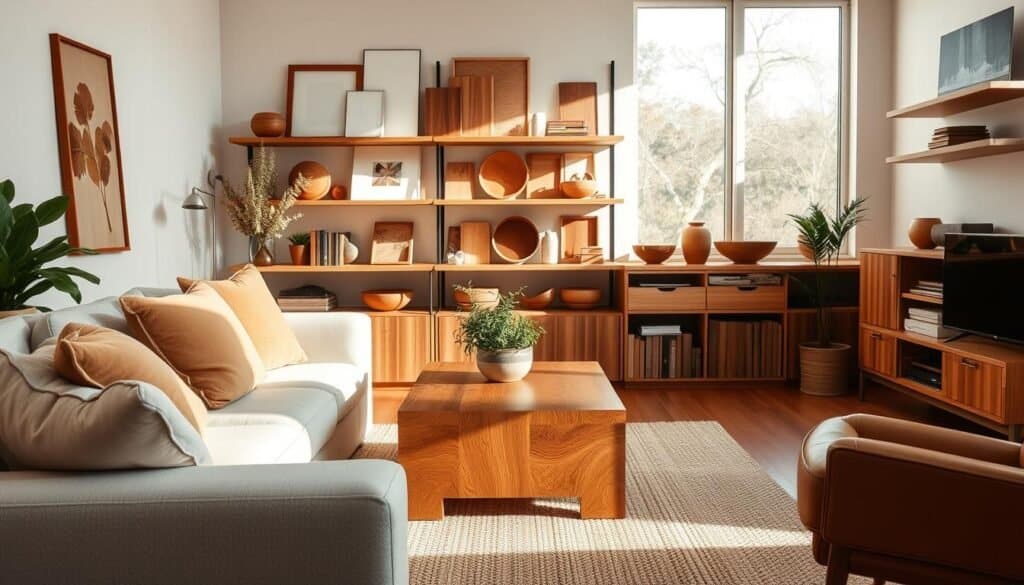 A cozy living room featuring an array of wood tones, showcasing different finishes for decor. In the foreground, there's a plush light-colored sofa adorned with soft pillows in earthy tones. A stylish wooden coffee table with a natural finish sits center stage, complemented by a small decorative plant. In the middle ground, shelves display an assortment of wooden accents, such as frames, bowls, and a few books, illustrating various wood grains and colors. The background includes a large window allowing bright, soft sunlight to filter in, casting gentle shadows and highlighting the warmth of the wood textures. The atmosphere is serene and inviting, perfect for a calm and stylish living space. The image captures a harmonious blend of natural light and earthy aesthetics, emphasizing the beauty of wood in home decor. A cozy living room featuring an array of wood tones, showcasing different finishes for decor. In the foreground, there's a plush light-colored sofa adorned with soft pillows in earthy tones. A stylish wooden coffee table with a natural finish sits center stage, complemented by a small decorative plant. In the middle ground, shelves display an assortment of wooden accents, such as frames, bowls, and a few books, illustrating various wood grains and colors. The background includes a large window allowing bright, soft sunlight to filter in, casting gentle shadows and highlighting the warmth of the wood textures. The atmosphere is serene and inviting, perfect for a calm and stylish living space. The image captures a harmonious blend of natural light and earthy aesthetics, emphasizing the beauty of wood in home decor.