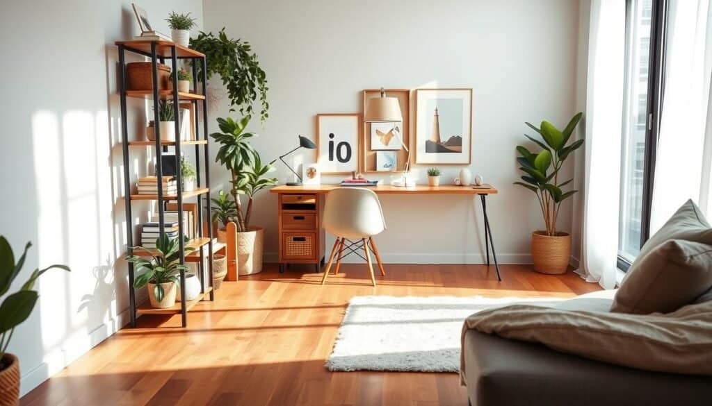 A cozy living room featuring creative corner utilization ideas. The foreground showcases a stylish corner shelving unit filled with potted plants, books, and decorative items. In the middle, a compact writing desk with a comfortable chair is positioned against a wall, adorned with inspiring artwork. A soft rug lies on the hardwood floor, enhancing the warmth of the space. The background reveals a large window that allows bright, natural light and soft sunlight to fill the room, creating an airy and inviting atmosphere. The color palette is soothing, with neutral tones and pops of greenery. The scene exudes a sense of functionality and style, perfect for enhancing small spaces. The image captures a professional, modern aesthetic without any human subjects.