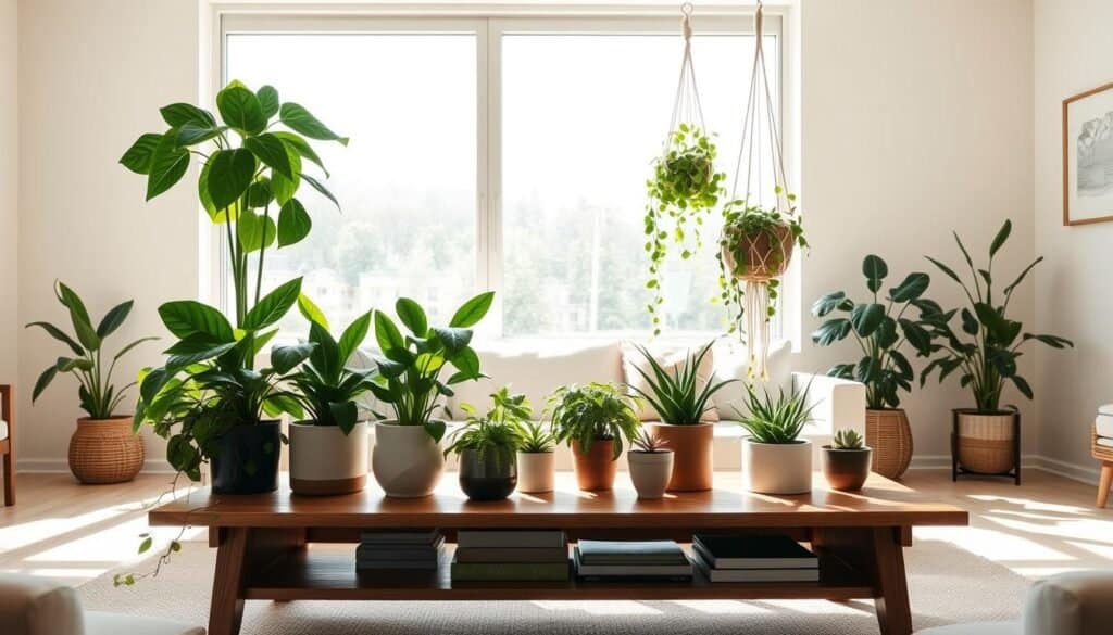 A cozy living room featuring functional plant displays that enhance daily living. In the foreground, a stylish wooden coffee table holds an array of potted plants, including a tall snake plant and lush pothos cascading elegantly. The middle ground showcases a large floor-to-ceiling window allowing bright, natural light to flood the space, illuminating a vibrant fiddle leaf fig and an artistic macrame hanger with trailing ivy. The background reveals soft, cream-colored walls adorned with subtle artwork, creating an airy atmosphere. Sunlight casts gentle shadows, enhancing the peaceful, harmonious mood. The scene captures a well-balanced blend of nature and home decor, inviting viewers to envision a serene living environment filled with greenery.