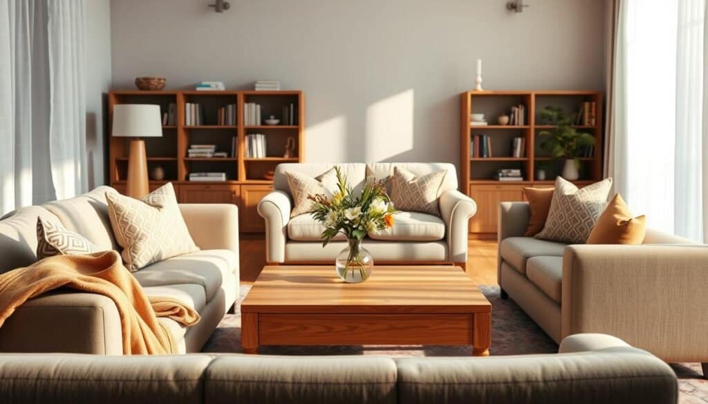 A cozy living room featuring intimate furniture groupings that promote conversation and comfort. Foreground shows a plush, overstuffed sofa with decorative pillows and a warm throw draped over one arm. A low coffee table made of natural wood sits in the center, adorned with a stylish vase filled with fresh flowers. Middle view includes two comfortable armchairs positioned slightly angled towards the sofa, creating an inviting atmosphere. Soft, diffused natural light filters through sheer curtains, casting gentle shadows. Background displays a bookshelf filled with books and decor items, enhancing the homey feel. The overall atmosphere is warm and welcoming, conveying a sense of relaxation and flow in the arrangement. The composition captures the essence of thoughtful design, emphasizing comfort and accessibility.