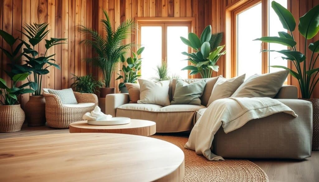 A cozy living room interior showcasing organic materials and textures. In the foreground, a natural wood coffee table with a smooth finish and a woven textured rug beneath it. The middle ground features a plush, earthy-toned sofa adorned with linen fabric cushions in soft greens and browns. On the walls, wooden paneling and large potted plants add layers of greenery. In the background, tall windows invite soft sunlight, creating an airy, inviting atmosphere. The lighting is bright and natural, emphasizing the warmth of the wood and the softness of the textiles. This serene space conveys a harmonious blend of nature and comfort, perfect for a relaxed living environment. A cozy living room interior showcasing organic materials and textures. In the foreground, a natural wood coffee table with a smooth finish and a woven textured rug beneath it. The middle ground features a plush, earthy-toned sofa adorned with linen fabric cushions in soft greens and browns. On the walls, wooden paneling and large potted plants add layers of greenery. In the background, tall windows invite soft sunlight, creating an airy, inviting atmosphere. The lighting is bright and natural, emphasizing the warmth of the wood and the softness of the textiles. This serene space conveys a harmonious blend of nature and comfort, perfect for a relaxed living environment.