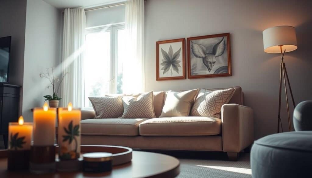 A cozy living room interior showcasing the impact of lighting on comfort. In the foreground, a stylish coffee table with a few decorative candles casting soft, warm glows. The middle features a plush, inviting sofa adorned with textured cushions, positioned near a large window that lets in bright, natural light. Rays of soft sunlight create gentle highlights across the room. In the background, elegant wall art hangs, and a tall floor lamp offers additional ambient light. The atmosphere is airy and bright, yet hints of shadows illustrate the discomfort that poor lighting can create. Capture this scene from a slightly elevated angle to emphasize the interplay of natural and artificial light, enhancing the overall mood of the room.