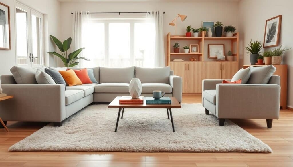 A cozy living room layout with a focus on the correct rug size, featuring a soft, plush area rug that complements the furniture arrangement. In the foreground, a comfortable sectional sofa in light gray fabric with colorful accent pillows invites relaxation. A stylish coffee table with a few decorative books and a steaming mug sits at the center. In the middle ground, a matching armchair coordinates with the sofa, creating balance. The background includes a bright, airy window allowing soft sunlight to fill the space, enhancing the inviting atmosphere. Wooden shelves with houseplants and framed art pieces add personal touches. The overall mood is warm and welcoming, emphasizing proper scale and proportion in a homey setting. Capture this scene with a wide-angle lens to encompass the entire room, highlighting the comfortable flow of the layout.