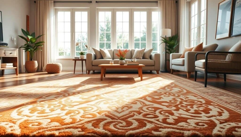 A cozy living room scene featuring a beautifully designed area rug that serves as the focal point of the layout. In the foreground, the area rug boasts intricate patterns in warm earth tones, harmonizing with the surrounding furniture. The middle section highlights a stylish, well-arranged seating area, including a plush sofa adorned with soft cushions and a wooden coffee table. In the background, large windows allow bright, natural light to flood the room, creating an airy and inviting atmosphere. The sunlight casts gentle shadows, enhancing the textures of the rug and furnishings. The overall mood is warm and welcoming, ideal for showcasing the concept of grounding a living room with a perfect area rug.