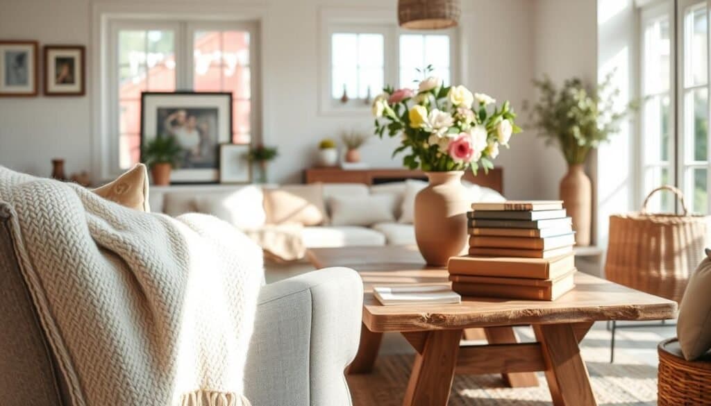 A cozy living room scene featuring a selection of practical accessories and textiles. In the foreground, a soft, textured throw blanket draped over a stylish armchair, complemented by a plush, patterned cushion. In the middle, a rustic wooden coffee table adorned with a ceramic vase filled with fresh flowers and a collection of well-loved books. The background showcases a bright, airy space with large windows allowing soft sunlight to stream in, enhancing the warm ambiance. Light-colored walls and subtle decorative elements like framed artwork and a woven basket add charm without clutter. The overall mood is inviting and serene, evoking a sense of comfort and timeless style, captured with natural light that accentuates the textures and colors.
