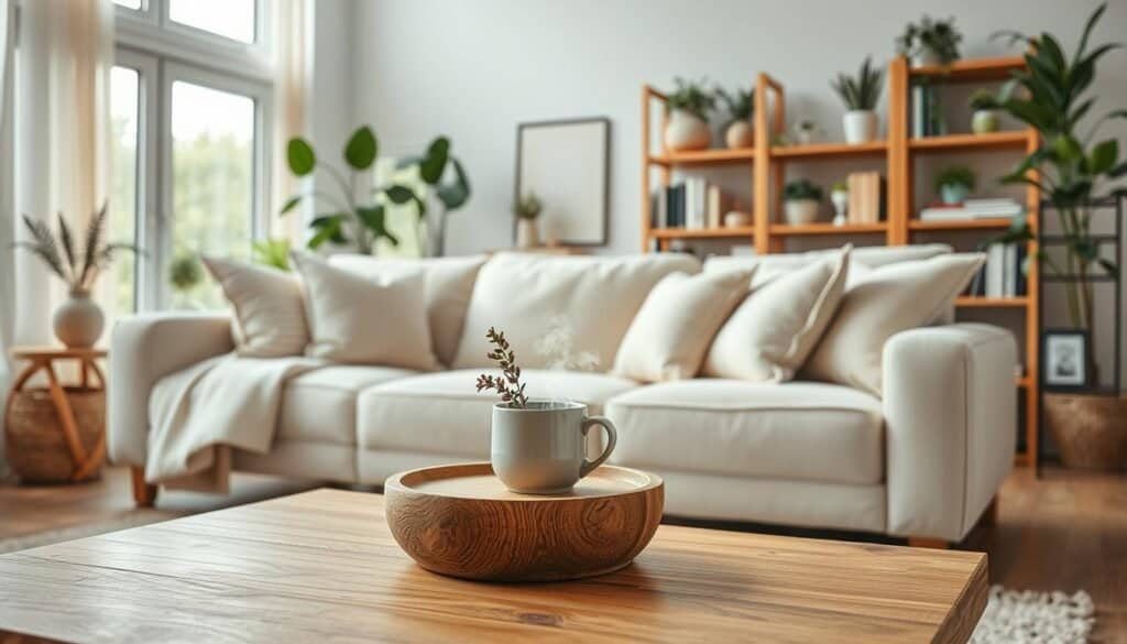 A cozy living room scene showcasing peaceful home decor, featuring a light-colored, plush sofa adorned with soft, textured cushions. In the foreground, a warm wooden coffee table holds a steaming mug of herbal tea and a small vase with fresh flowers. The middle ground includes a soft area rug and an inviting bookshelf filled with neatly arranged books and decorative plants. In the background, large windows invite soft, natural light, illuminating the space with a serene glow, while sheer curtains add an airy feel. The atmosphere should evoke comfort and tranquility, capturing the essence of a home designed for relaxation and well-being, with a focus on warm colors and natural materials. The scene is captured from a slightly elevated angle, enhancing the depth and inviting feeling of the space.