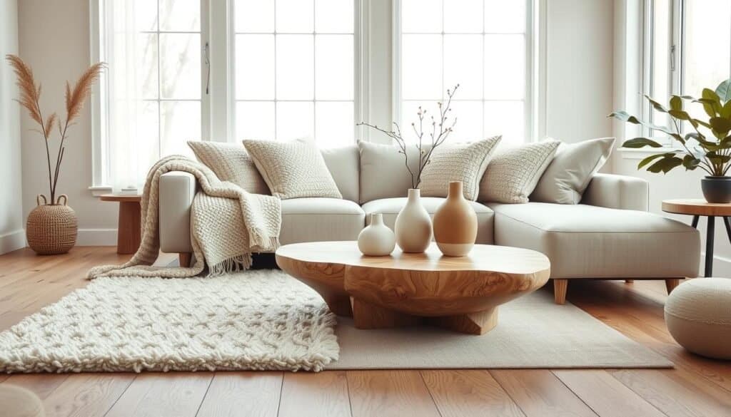 A cozy living room showcasing a harmonious blend of textures that create depth without visual weight. In the foreground, a plush, light-colored area rug with a subtle pattern invites warmth, while a soft, knitted throw blanket drapes over a modern, minimalist sofa adorned with an array of textured cushions in various shades of beige and cream. The middle ground features a sleek wooden coffee table with an organic shape, holding a few decorative ceramic vases with botanical elements. In the background, large windows bathe the room in soft, natural light, enhancing the airy atmosphere and highlighting the intricate grain of the wooden floors. The overall mood is serene and inviting, perfect for a relaxing space filled with warmth and style.