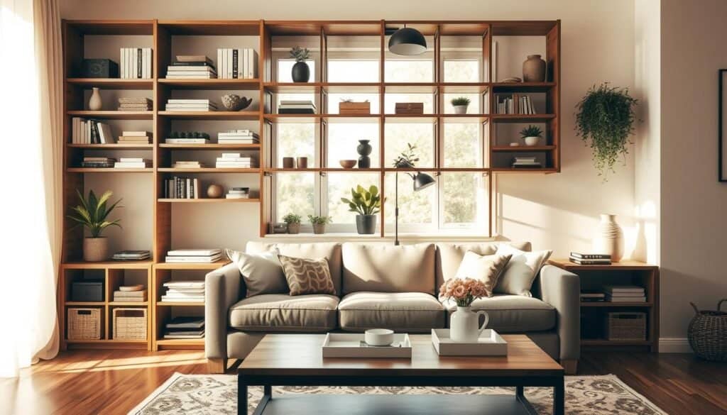 A cozy living room showcasing an organized storage solution. In the foreground, a stylish wooden shelving unit filled with neatly arranged books, decorative boxes, and plants. The middle section features a plush sofa with soft cushions, facing a coffee table adorned with a decorative tray and a small vase of flowers. A large window in the background allows bright, natural sunlight to stream in, creating an airy ambiance. Warm tones dominate the scene, complemented by soft shadows that add depth. The overall atmosphere is calm and inviting, highlighting the effectiveness of thoughtful storage and organization while avoiding clutter. The image captures an ideal balance within the living space, emphasizing harmony and functionality without any distractions.