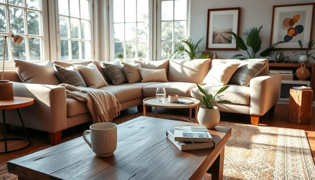 A cozy living room that combines comfort and style, featuring a plush sectional sofa adorned with soft, textured cushions and a warm throw blanket. In the foreground, a rustic wooden coffee table holds a steaming mug and a stack of design books. The middle ground showcases an inviting area rug that adds warmth to the space while a potted plant provides a touch of greenery. In the background, large windows let in bright, natural light, casting soft sunlight across the room, highlighting the airy feel. Neutral color palettes with splashes of pastel accentuate the décor, while tasteful wall art complements the ambiance. The overall atmosphere conveys a sense of tranquility and effortless elegance, perfect for relaxation and gathering. A cozy living room that combines comfort and style, featuring a plush sectional sofa adorned with soft, textured cushions and a warm throw blanket. In the foreground, a rustic wooden coffee table holds a steaming mug and a stack of design books. The middle ground showcases an inviting area rug that adds warmth to the space while a potted plant provides a touch of greenery. In the background, large windows let in bright, natural light, casting soft sunlight across the room, highlighting the airy feel. Neutral color palettes with splashes of pastel accentuate the décor, while tasteful wall art complements the ambiance. The overall atmosphere conveys a sense of tranquility and effortless elegance, perfect for relaxation and gathering.