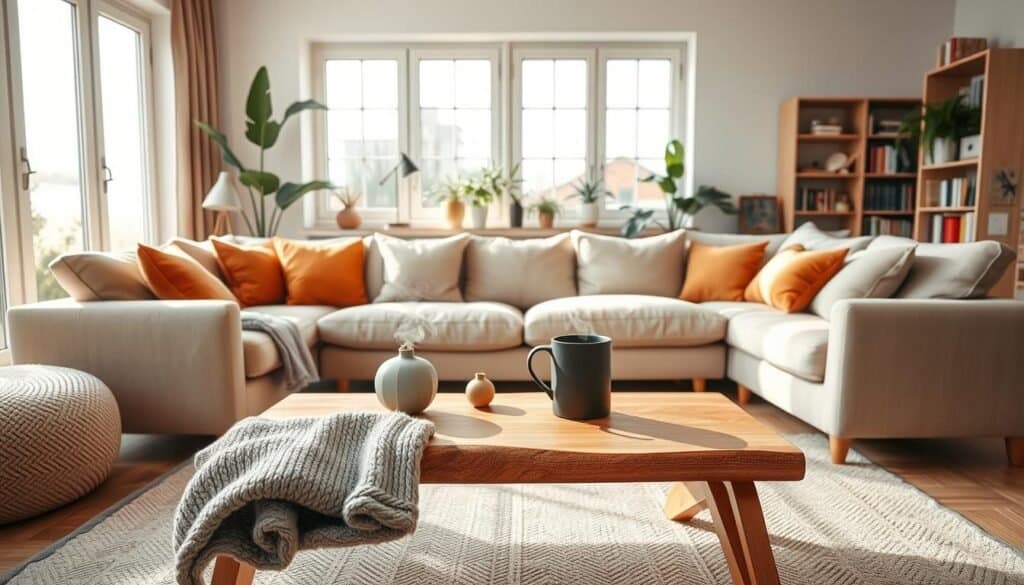 A cozy living room that embodies warmth and comfort, featuring a well-arranged sectional sofa in soft beige fabric, accented with plush pillows in warm tones. In the foreground, a handmade wooden coffee table displays a few stylish decorative items and a steaming mug placed on a soft gray knit blanket. The middle of the room showcases a minimalist rug that complements the furniture arrangement, inviting relaxation. In the background, large windows allow bright natural light and soft sunlight to filter in, illuminating potted plants and a tasteful bookshelf filled with books. The atmosphere exudes a tranquil and inviting mood, perfect for unwinding. The scene is captured with a slightly elevated angle to emphasize spaciousness, ensuring the composition highlights the harmonious arrangement of furniture.