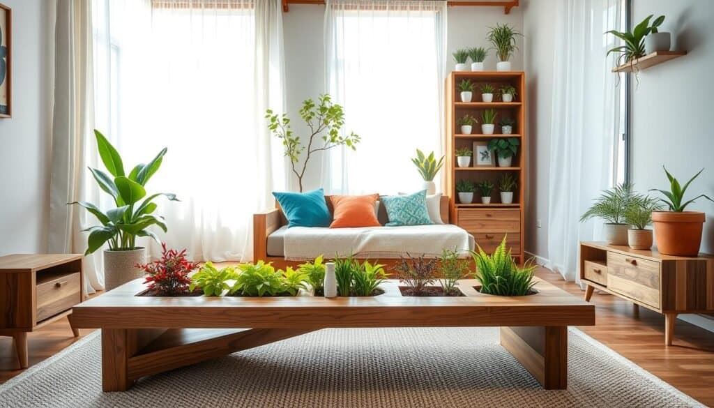 A cozy living space featuring multifunctional wooden furniture seamlessly integrated with lush greenery. In the foreground, a stylish wooden coffee table with built-in planters, displaying vibrant plants, sits atop a neutral textured rug. In the middle, a sleek, multifunctional sofa that converts into a bed, adorned with colorful cushions, complements the table. A tall bookshelf with wooden shelves holds decorative pots housing various indoor plants. In the background, large windows allow bright, soft sunlight to filter through sheer curtains, creating an airy atmosphere. The lighting captures the warmth of wood tones and the freshness of the greenery, inviting a sense of tranquility and balance in this small, thoughtfully designed room.