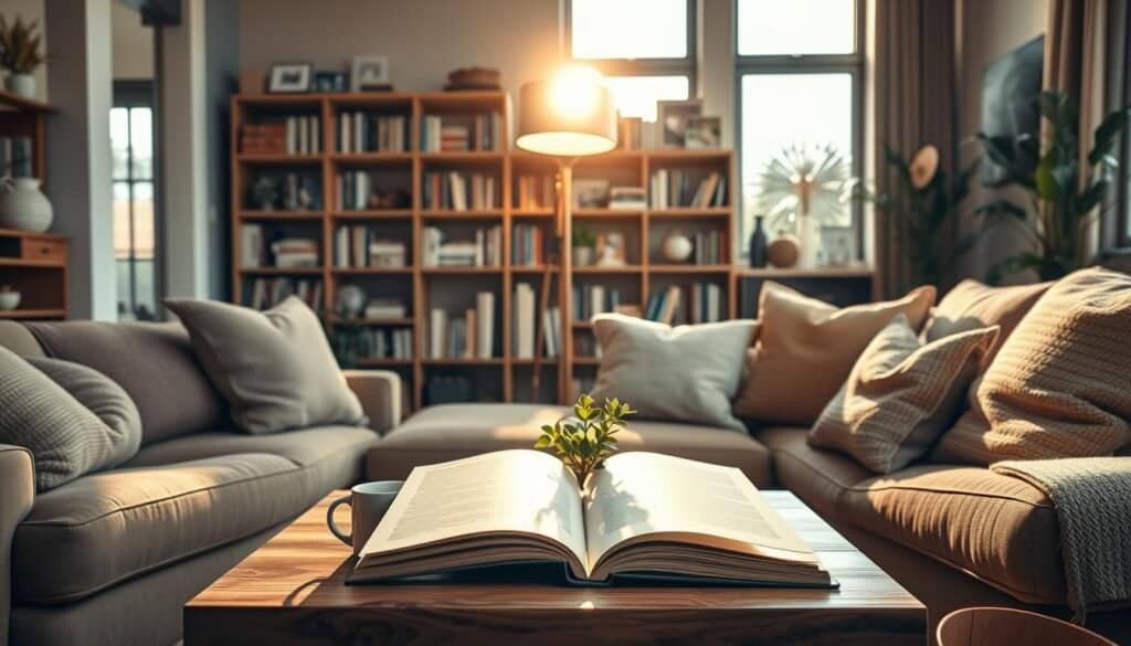 A cozy lounge room designed to reflect personal hobbies and daily habits, featuring a comfortable sectional sofa with soft, textured cushions in inviting earth tones. A wooden coffee table displays an open book and a steaming mug, suggesting leisure and relaxation. In the foreground, a small potted plant adds a touch of greenery. The middle of the room includes a stylish floor lamp casting warm, soft sunlight that bathes the space in a golden hue. A bookshelf filled with neatly arranged books, photos, and decorative items hints at a passion for reading and creativity. In the background, large windows invite bright natural light, illuminating the airy atmosphere. The overall mood is tranquil and welcoming, inviting the viewer to envision themselves enjoying this intimate space.