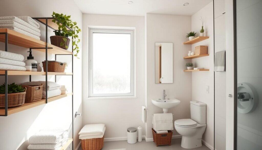 A cozy, modern bathroom with innovative DIY storage solutions. In the foreground, a stylish wooden shelving unit holds neatly organized toiletries, baskets of towels, and decorative plants, all showcased in bright natural light. The middle ground features a sleek vanity with a large mirror reflecting the airy space, while a fresh, minimalistic color palette creates a soothing atmosphere. Soft sunlight streams through a frosted window, illuminating the entire scene. The background reveals a toilet area with subtly integrated storage options like wall-mounted shelves and under-sink cabinets. The overall mood is inviting and functional, perfect for enhancing bathroom organization and style. Use a wide-angle lens to capture the full essence of this practical DIY project.