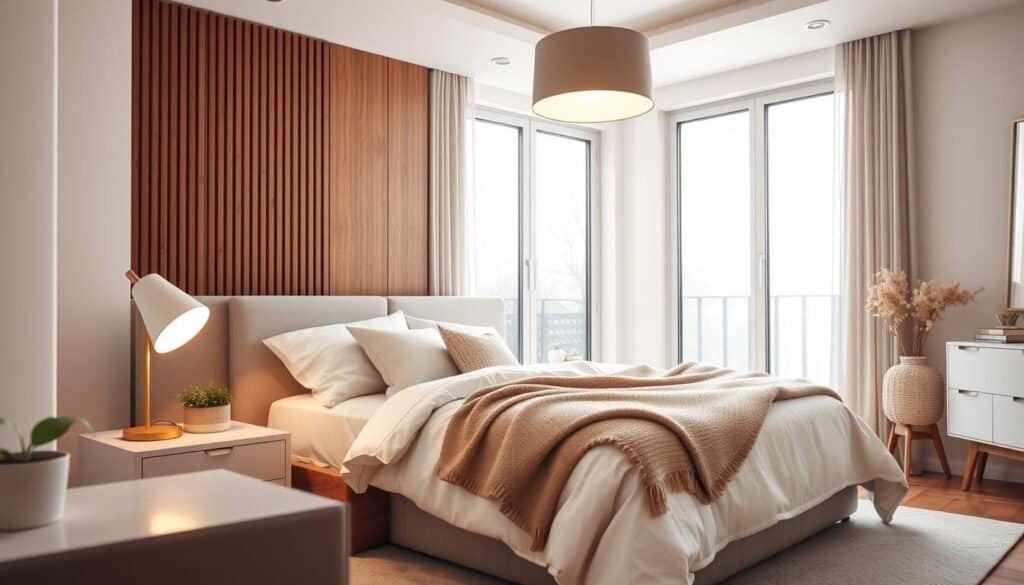 A cozy modern bedroom showcasing layered lighting for function and ambiance. In the foreground, a stylish nightstand with a soft-glow bedside lamp and a small potted plant. The middle features a plush queen-sized bed with an array of decorative pillows and a warm throw blanket, illuminated by a statement pendant light above. The background includes large windows allowing bright, natural light to fill the room, casting soft shadows. Wooden accents and a light-hued rug enhance the airy feel. The warm color palette of creams and soft grays creates a serene atmosphere. Overall, the image captures a harmonious blend of comfort and modern design, encouraging relaxation and tranquility. The lighting highlights key features without any distractions.