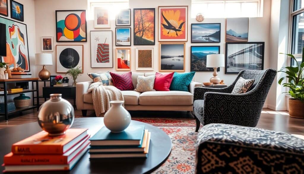 A cozy, modern living room filled with contrasting visual elements, illustrating the concept of visual stimulation. In the foreground, a stylish coffee table adorned with colorful books, a sleek decor vase, and a soft textured throw. The middle ground features a plush sofa with vibrant cushions, accompanied by an intricately designed armchair, all arranged on a beautifully patterned rug. The background displays a gallery wall with an eclectic mix of artwork, from bold abstract pieces to serene landscape photos, illuminated by bright, natural light streaming through large windows. The atmosphere is lively yet balanced, capturing the essence of too much and too little visual stimulation in a harmonious space. Eventual lens focus emphasizes textures and light play, creating an inviting and engaging mood.