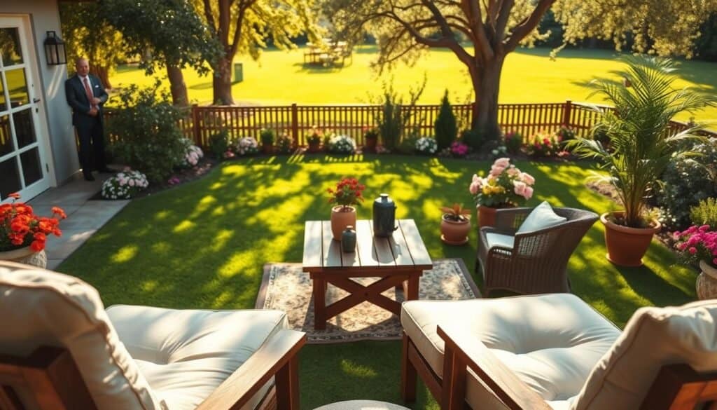 A cozy outdoor garden furniture setup in a sunlit backyard, showcasing a combination of stylish lounge chairs and a rustic wooden table. In the foreground, a pair of plush, weather-resistant cushions on the chairs invite relaxation. The middle ground features the inviting wooden table surrounded by tasteful garden décor, like potted plants and a small outdoor rug. In the background, a lush green lawn and blooming flowers add vibrant colors and life to the scene. The image is bathed in soft, warm sunlight filtering through nearby trees, casting gentle shadows. Capture this serene atmosphere with a wide lens angle that enhances the space and creates a comfortable, inviting ambiance ideal for leisurely afternoons.