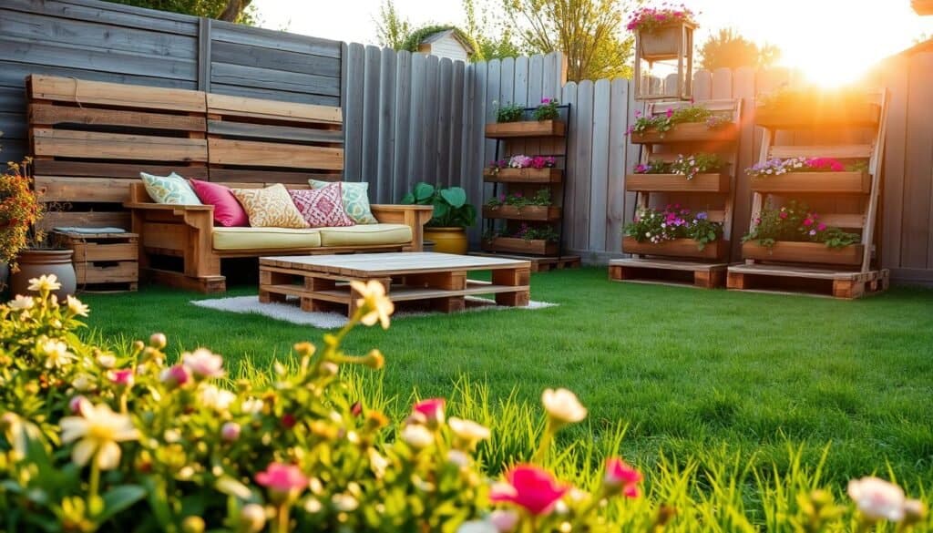 A cozy outdoor living space featuring various pallet projects, such as a rustic pallet seating area adorned with colorful cushions and a wooden coffee table made from repurposed pallets. In the foreground, a lush green lawn and flowering plants create a serene atmosphere. In the middle ground, a charming pallet garden with vertical planters bursting with vibrant flowers. The background includes a softly lit sun setting, casting warm golden rays over the scene. The overall lighting is bright and airy, highlighting the natural wood texture of the pallets. The mood is peaceful and inviting, perfect for relaxation in a simple backyard setting.