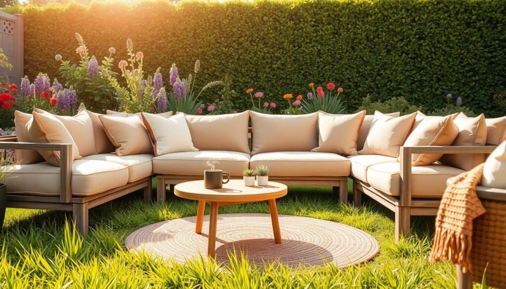 A cozy outdoor seating area designed for a backyard, featuring a plush, inviting sectional sofa with soft cushions in soothing earth tones. In the foreground, a small round wooden coffee table is adorned with a steaming mug and a few decorative succulents. In the middle, a lovely area rug adds texture beneath the seating, integrating the space harmoniously with the lush green grass around it. The background showcases an assortment of vibrant flowers and a neatly trimmed hedge, bathed in bright natural light reflecting off a soft, sunny sky. The scene is captured from a slightly elevated angle, providing an inviting perspective that conveys tranquility and relaxation, perfect for maximizing yard potential.