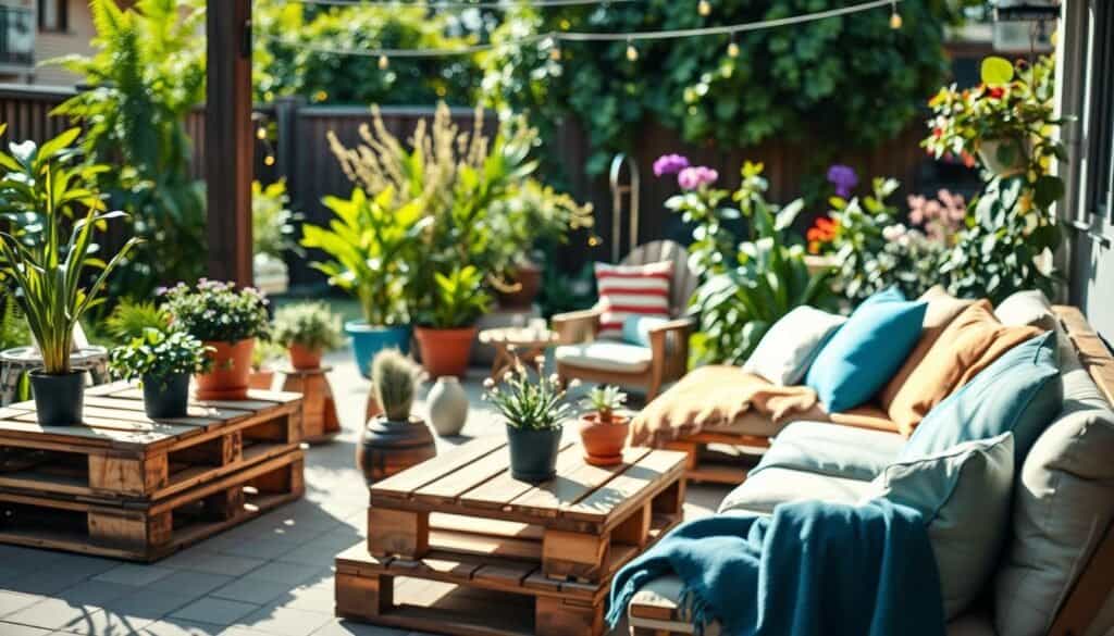 A cozy outdoor space featuring comfortable pallet seating, arranged in a casual yet inviting manner. The foreground showcases rustic wooden pallets transformed into plush seating, topped with soft, colorful cushions and throws. In the middle ground, potted plants and a small coffee table add a homely touch, while delicate fairy lights create a warm ambiance. The background reveals a lush garden with vibrant green foliage, enhancing the tranquil atmosphere. The scene is bathed in bright, natural light with soft sunlight filtering through, casting gentle shadows. A shallow depth of field focuses on the seating area, inviting viewers to envision ultimate relaxation in an outdoor retreat.