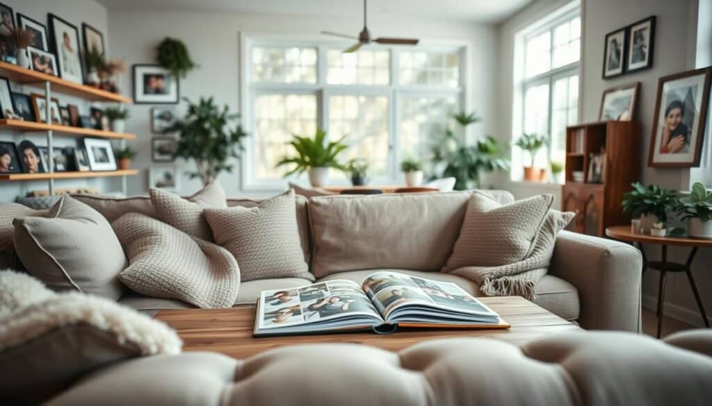 A cozy personalized living room filled with family photos displayed on shelves and walls, showcasing a warm, inviting atmosphere. The foreground features a comfortable, stylish sofa adorned with soft cushions and a plush throw blanket. In the middle, a wooden coffee table sits with a couple of family albums open, inviting viewers to reminisce. The background shows a well-lit, airy space with large windows allowing soft, natural sunlight to stream in, casting gentle shadows. The decor includes potted plants and artwork that reflects the family's personality and interests. The overall mood is welcoming and nostalgic, perfect for evoking the feeling of home and connection.