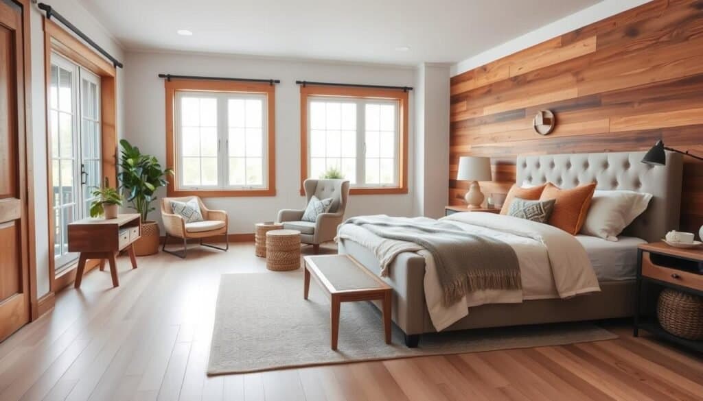 A cozy rustic modern bedroom featuring a warm wood-paneled accent wall, a plush upholstered bed with neutral bedding, and a handwoven throw blanket. In the foreground, a wooden bedside table holds a charming vintage lamp and a small potted plant. The middle layer showcases an inviting armchair with a patterned cushion, and a woven basket for storage. In the background, large windows let in soft, natural light, illuminating the room with an airy feel. Light-colored wooden flooring adds warmth to the space, complemented by a soft area rug. The atmosphere is tranquil and inviting, perfect for relaxation, capturing the essence of farmhouse elegance blended with modern simplicity.