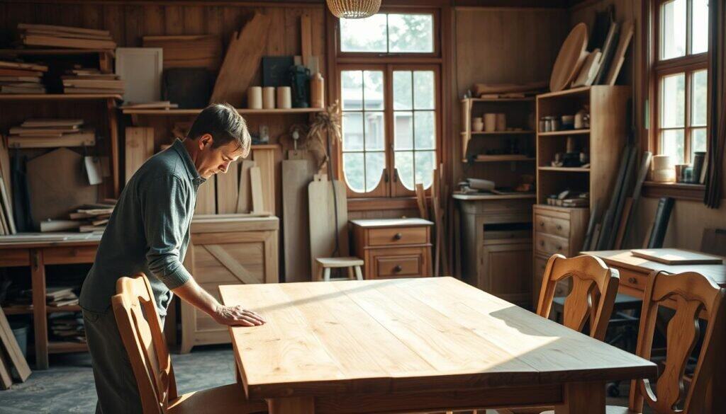 A cozy, rustic workshop filled with various woodworking projects, showcasing a beautifully crafted wooden dining table as the centerpiece. Surrounding the table are handmade furniture pieces, like a set of wooden chairs and a side cabinet, all displaying intricate joinery and rich wood grains. In the foreground, a skilled artisan in modest casual clothing is carefully sanding a wooden shelf, illuminated by soft, natural sunlight pouring in through large windows, creating a warm and inviting atmosphere. The background features shelves stocked with tools and materials, adding depth to the scene. The overall mood is one of creativity and craftsmanship, emphasizing the timeless appeal of woodworking as a DIY project.