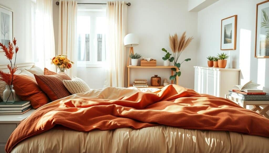 A cozy, seasonal bedroom decor scene showcasing a bright and airy space. In the foreground, a beautifully made bed with plush, layered bedding in warm autumn hues—rusty oranges, deep reds, and soft browns. Decorative throw pillows add texture. A bedside table holds a small vase with fresh seasonal flowers and a stack of books. In the middle ground, there’s a window with sheer curtains, allowing soft, natural sunlight to filter in, casting gentle light across the room. The background features a few small potted plants on a shelf and artwork that complements the seasonal theme. Overall, the atmosphere is inviting, warm, and tranquil, perfect for a thoughtful refresh. Use bright natural lighting to enhance the fresh, seasonal vibe.
