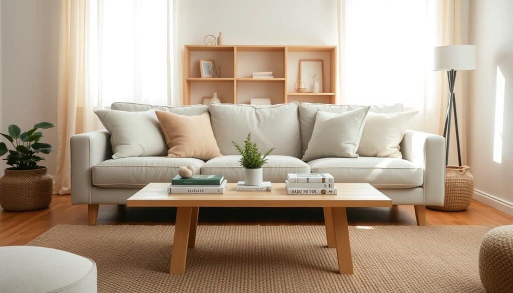 A cozy, simple living room designed for relaxation, featuring a comfortable, neutral-colored sofa with soft throw pillows in pastel shades. A low coffee table made of light wood is adorned with a few curated books and a small potted plant. Natural light filters in through sheer curtains, illuminating the space with a warm, airy glow. In the background, a minimalist bookshelf holds tasteful decor items, while a textured rug adds warmth to the wooden floor. The overall atmosphere is serene and inviting, perfect for unwinding. Capture this scene with a slightly elevated angle, showcasing the bright and welcoming mood, enhanced by soft sunlight streaming into the room.