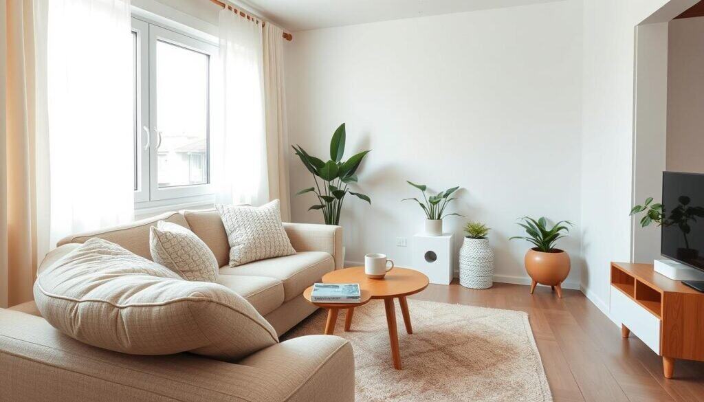 A cozy small apartment living room designed with a soothing color scheme featuring soft shades of beige, pale blue, and warm white. In the foreground, a plush, neutral-toned sofa adorned with textured pillows invites relaxation, surrounded by a small wooden coffee table with a steaming mug and a few design books. The middle layer showcases a tasteful area rug that adds warmth and ties the space together, complemented by lush green plants in stylish pots. The background highlights a bright, airy window allowing soft sunlight to bathe the room in natural light, creating a cheerful atmosphere. The scene is captured with a wide-angle lens from a slightly elevated angle, emphasizing the openness and inviting nature of the space while maintaining a sense of comfort and tranquility.
