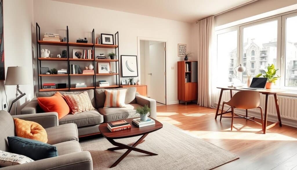 A cozy small apartment living room featuring smart, stylish solutions for maximizing space. In the foreground, include a compact sofa adorned with colorful cushions, a stylish coffee table with a few decorative books and a plant. The middle ground showcases a multifunctional shelf unit, displaying books and small art pieces, alongside a compact work desk with a laptop and a potted plant. In the background, a bright window allows soft, natural sunlight to illuminate the room, highlighting warm wood tones and light neutral walls. The atmosphere feels inviting and relaxed, emphasizing a sense of openness and airiness, with decor reflecting a balance of style and practicality. Use a wide-angle lens perspective to capture the entire space beautifully. A cozy small apartment living room featuring smart, stylish solutions for maximizing space. In the foreground, include a compact sofa adorned with colorful cushions, a stylish coffee table with a few decorative books and a plant. The middle ground showcases a multifunctional shelf unit, displaying books and small art pieces, alongside a compact work desk with a laptop and a potted plant. In the background, a bright window allows soft, natural sunlight to illuminate the room, highlighting warm wood tones and light neutral walls. The atmosphere feels inviting and relaxed, emphasizing a sense of openness and airiness, with decor reflecting a balance of style and practicality. Use a wide-angle lens perspective to capture the entire space beautifully.