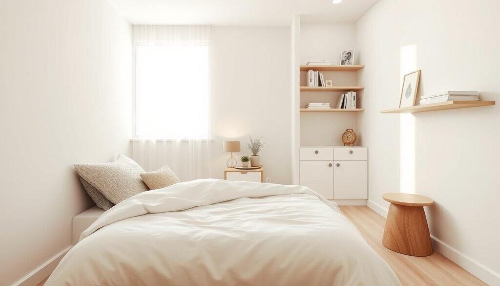 A cozy small bedroom design featuring a minimalist layout that maximizes comfort and space. In the foreground, a neatly made bed with a soft white duvet and an assortment of textured cushions. The middle ground includes a compact nightstand with a stylish lamp and a small potted plant. The walls are painted in calming pastel colors, and there are simple floating shelves displaying books and decorative items. In the background, a large window allows soft, natural light to filter in, illuminating the room with a warm glow. Add light wooden flooring to enhance the airy feel. The atmosphere is serene and inviting, ideal for relaxation, with an emphasis on natural materials and a harmonious blend of colors and textures.