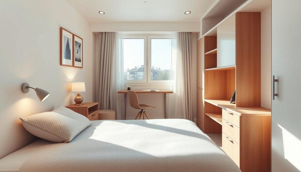 A cozy small bedroom designed for maximizing space with smart choices. In the foreground, a neatly made twin bed with a soft, patterned duvet and a plush throw pillow. Adjoining, a compact nightstand holds a small lamp casting a warm glow. In the middle ground, a stylish, wall-mounted desk with a minimalist chair creates an efficient workspace. Behind, soft pastel walls adorned with tasteful artwork add character without overwhelming the space. Large windows allow bright, natural light to fill the room, with delicate sheer curtains fluttering gently. The atmosphere is airy and inviting, perfect for relaxation, showcasing clever storage solutions integrated into furniture. Capture this scene from a slightly elevated angle, emphasizing the harmonious layout and thoughtful décor in soft sunlight.