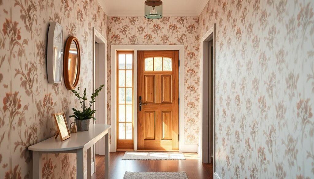 A cozy small entryway featuring beautifully patterned wallpaper that adds visual interest, showcasing a blend of soft pastel colors and intricate floral designs. The foreground includes a minimalist console table with a few decorative items, such as a potted plant and a small mirror. In the middle, the wallpaper captures the eye, enhancing the warmth of the space with subtle texture. The background reveals a welcoming wooden door and a glimpse of natural light streaming in through a nearby window, creating a serene atmosphere. The scene is illuminated by soft sunlight, emphasizing the airy feeling of the entryway. Shot from a slight angle, the image invites a closer look at the harmonious design elements.