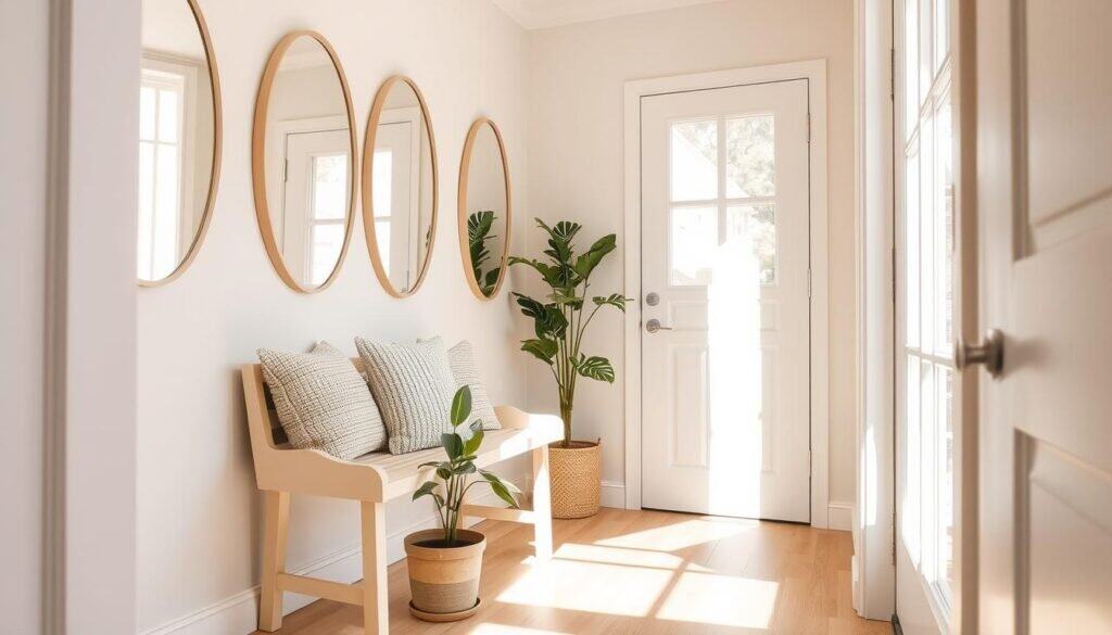 A cozy small entryway featuring wall-mounted mirrors reflecting soft sunlight, creating an illusion of spaciousness. The walls are painted in light pastel colors, complemented by a pale wooden bench adorned with a few textured cushions. A small potted plant sits on the floor beside the bench, adding a touch of greenery. The floor is made of light-colored hardwood, enhancing the airy feel. Bright natural light streams through a nearby window, illuminating the space with a warm glow. The scene is captured at a slight angle to emphasize depth, allowing the viewer to appreciate the simplicity and style of the entryway. The atmosphere is inviting and fresh, showcasing effective small entryway solutions.