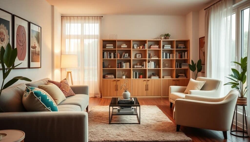 A cozy small living room designed for comfort and style, showcasing various decor ideas. In the foreground, a plush sofa with colorful throw pillows and a soft area rug. In the middle, a stylish coffee table adorned with decorative books and a small potted plant. To the side, a comfortable armchair next to a floor lamp illuminating the space. In the background, a beautifully arranged bookshelf filled with books and decorative pieces, and large windows letting in bright, soft natural sunlight. The atmosphere is inviting and airy, emphasizing the warmth and tranquility of the space. The angle is slightly elevated, providing a clear view of the entire room bathed in warm hues, highlighting the potential for an improved living experience.