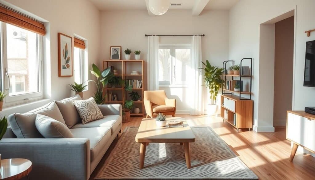 A cozy small living room featuring a smart furniture arrangement that promotes better flow and comfort. In the foreground, a plush sofa in soft gray is paired with a modern coffee table made of light wood, neatly arranged. The middle layer showcases an inviting armchair positioned for optimal conversation, with a stylish rug beneath. Natural light streams through large windows, highlighting the warm tones of the decor, which includes potted plants and framed artwork on the walls. The background contains a well-organized bookshelf and minimalist shelving, enhancing the sense of space. The atmosphere is airy and bright, with soft sunlight casting gentle shadows, creating a welcoming vibe that invites relaxation and engagement.