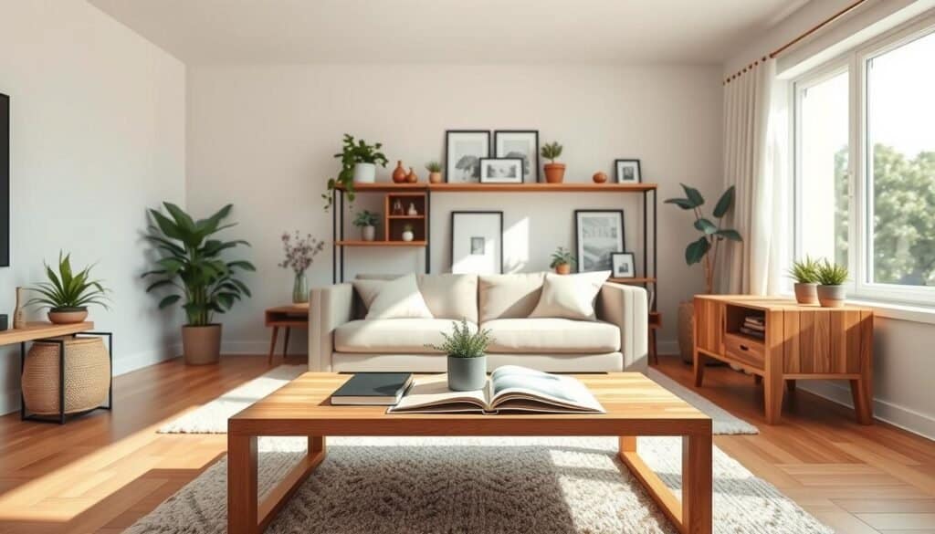A cozy small living room featuring elegant wood styling elements that enhance the sense of space. In the foreground, a minimalist wooden coffee table with a natural finish, adorned with a small potted plant and an open book. The middle ground showcases a stylish wooden shelf filled with neatly arranged decor items, plants, and framed photographs, all contributing to a warm and inviting atmosphere. The background is highlighted by a large window allowing bright, natural sunlight to flood the room, creating soft shadows and an airy feel. The walls are painted in soft, neutral tones, and a plush area rug adds texture to the hardwood floor, enhancing the calm mood of the space. The overall lighting is bright yet soft, accentuating the wood tones and creating a serene environment. A cozy small living room featuring elegant wood styling elements that enhance the sense of space. In the foreground, a minimalist wooden coffee table with a natural finish, adorned with a small potted plant and an open book. The middle ground showcases a stylish wooden shelf filled with neatly arranged decor items, plants, and framed photographs, all contributing to a warm and inviting atmosphere. The background is highlighted by a large window allowing bright, natural sunlight to flood the room, creating soft shadows and an airy feel. The walls are painted in soft, neutral tones, and a plush area rug adds texture to the hardwood floor, enhancing the calm mood of the space. The overall lighting is bright yet soft, accentuating the wood tones and creating a serene environment.