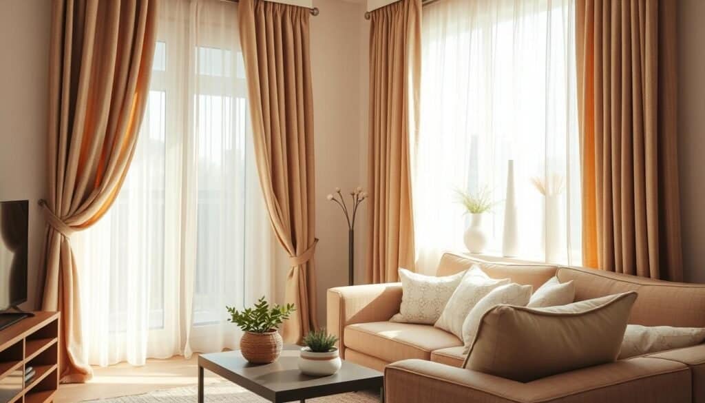 A cozy small living room featuring layered window dressings that exude comfort. In the foreground, rich, textured curtains drape elegantly down, harmonizing with sheer panels that allow soft sunlight to filter through, casting a warm glow. The middle ground showcases a tasteful coffee table adorned with a few green plants and inviting cushions on the sofa, creating an inviting seating area. In the background, light walls and subtle decorative elements enhance the feeling of space while maintaining an airy atmosphere. The scene is captured in bright, natural lighting, emphasizing the textiles' textures and colors. The overall mood is serene and welcoming, perfect for enhancing comfort in a small living room setting.