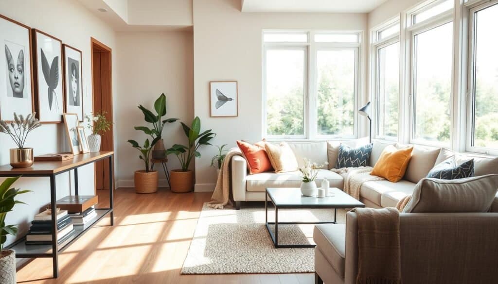 A cozy small living room with a no-foyer entry layout, showcasing solutions for maximizing comfort. In the foreground, a stylish console table with decorative elements like framed art and plants. The middle section features a plush sofa adorned with colorful cushions and a soft throw, paired with a chic coffee table, all arranged to create a welcoming atmosphere. In the background, large windows allow bright, natural sunlight to flood the space, enhancing the airy feeling. The walls are painted in soft, neutral tones, complemented by warm wood accents. Capture this scene with a wide-angle lens to emphasize the inviting nature of the room, evoking a mood of warmth and tranquility.