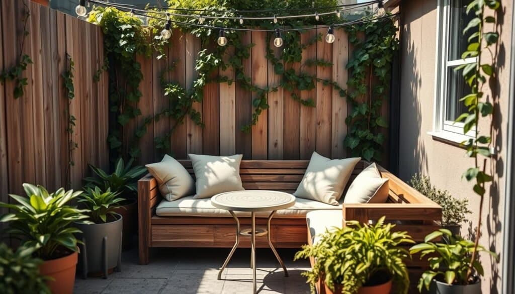 A cozy small space seating arrangement in a backyard, designed for comfort and functionality. In the foreground, a stylish two-seat bench crafted from reclaimed wood, adorned with soft cushions in neutral tones. Surrounding it are potted plants with vibrant green foliage. In the middle, a small round table made of light metal, perfect for drinks or snacks, placed next to the bench. The background features a wooden fence with climbing vines and hanging outdoor string lights that create a warm, inviting atmosphere. The scene is bathed in bright, natural light, with soft sunlight filtering through the leaves, casting gentle shadows. Capture the angle from slightly above to showcase the seating's inviting nature in a realistic, airy setting. The mood is relaxed and welcoming, ideal for enjoying leisurely moments in a small outdoor space.