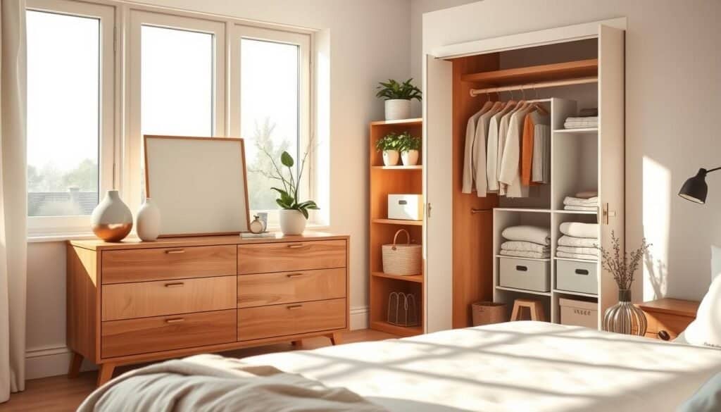 A cozy, stylish bedroom featuring elegant storage solutions designed to maintain a serene atmosphere. In the foreground, there is a beautifully crafted wooden dresser with minimalist design elements, neatly organized with soft, neutral-toned decor items on top. The middle ground showcases a charming, open wardrobe with calming pastel storage bins and neatly folded clothes, surrounded by greenery in decorative pots to enhance a peaceful vibe. The background reveals large windows allowing bright, soft natural light to flood the space, casting gentle shadows that create a warm and inviting ambiance. The overall composition highlights the balance of functionality and aesthetic comfort, reflecting modern home décor with a focus on tranquility. The image should evoke a sense of serenity and practicality, perfect for the theme of bedroom styling.