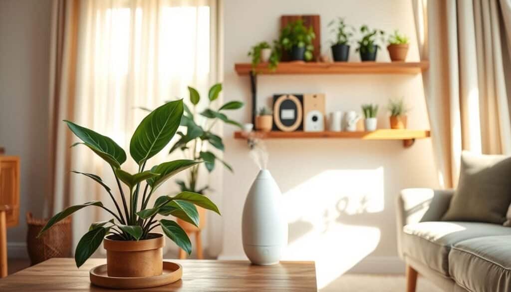 A cozy, well-furnished living room featuring various DIY air quality solutions. In the foreground, a stylish air purifying plant arrangement, including a Snake Plant and a Peace Lily, neatly placed on a wooden coffee table. In the middle, an artisanal wooden shelf displays homemade air filters made from natural materials, with a small, elegant DIY humidifier creating a gentle mist. The background showcases a large window with sheer curtains, allowing bright, soft sunlight to fill the room, casting warm, inviting shadows. The space is airy and well-lit, emphasizing a serene atmosphere. A touch of greenery, such as potted herbs on a windowsill, enhances the freshness of the environment, making it feel healthy and inviting.
