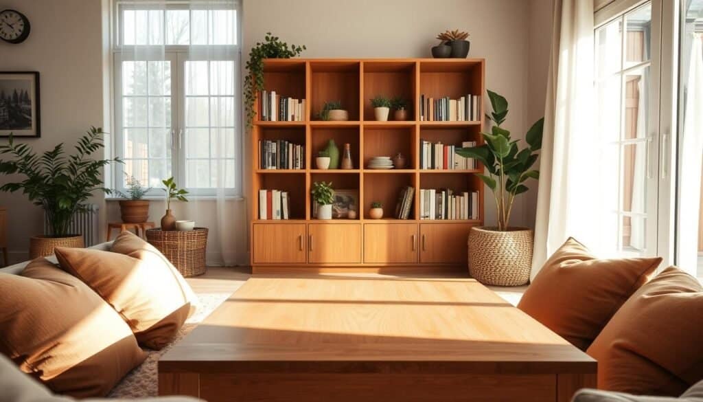 A cozy, well-lit home interior showcasing simple woodworking projects that enhance comfort and calmness. In the foreground, a handcrafted wooden coffee table with smooth, natural finishes sits invitingly, surrounded by soft cushions in earthy tones. In the middle ground, a wooden bookshelf filled with neatly arranged books and a few potted plants adds a touch of greenery, promoting a serene atmosphere. In the background, large windows allow bright, natural light to flood the space, creating a warm and airy ambiance. The scene captures soft sunlight filtering through sheer curtains, enhancing the tranquility and inviting feel of the room. The overall mood is peaceful and relaxing, inviting viewers to imagine themselves in this comforting space.
